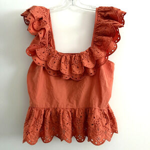 Express Women's Eyelet Ruffle Sleeveless Top Size L Orange Peasant Cottagecore0
